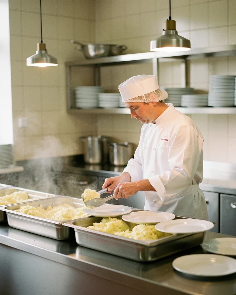 Kuchnia zbiorowa wydająca puree ziemniaczane